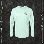 Mint Green Deepwater Crew Co. Forged of Salt UPF 50+ performance hoodie, front view with small blue-outlined DC compass-and-wave crest logo.
