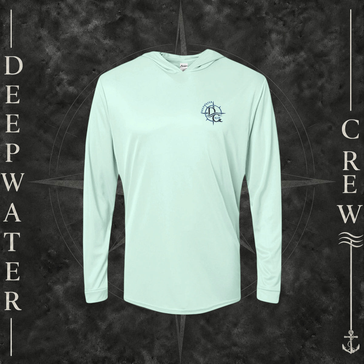 Mint Green Deepwater Crew Co. Forged of Salt UPF 50+ performance hoodie, front view with small blue-outlined DC compass-and-wave crest logo.