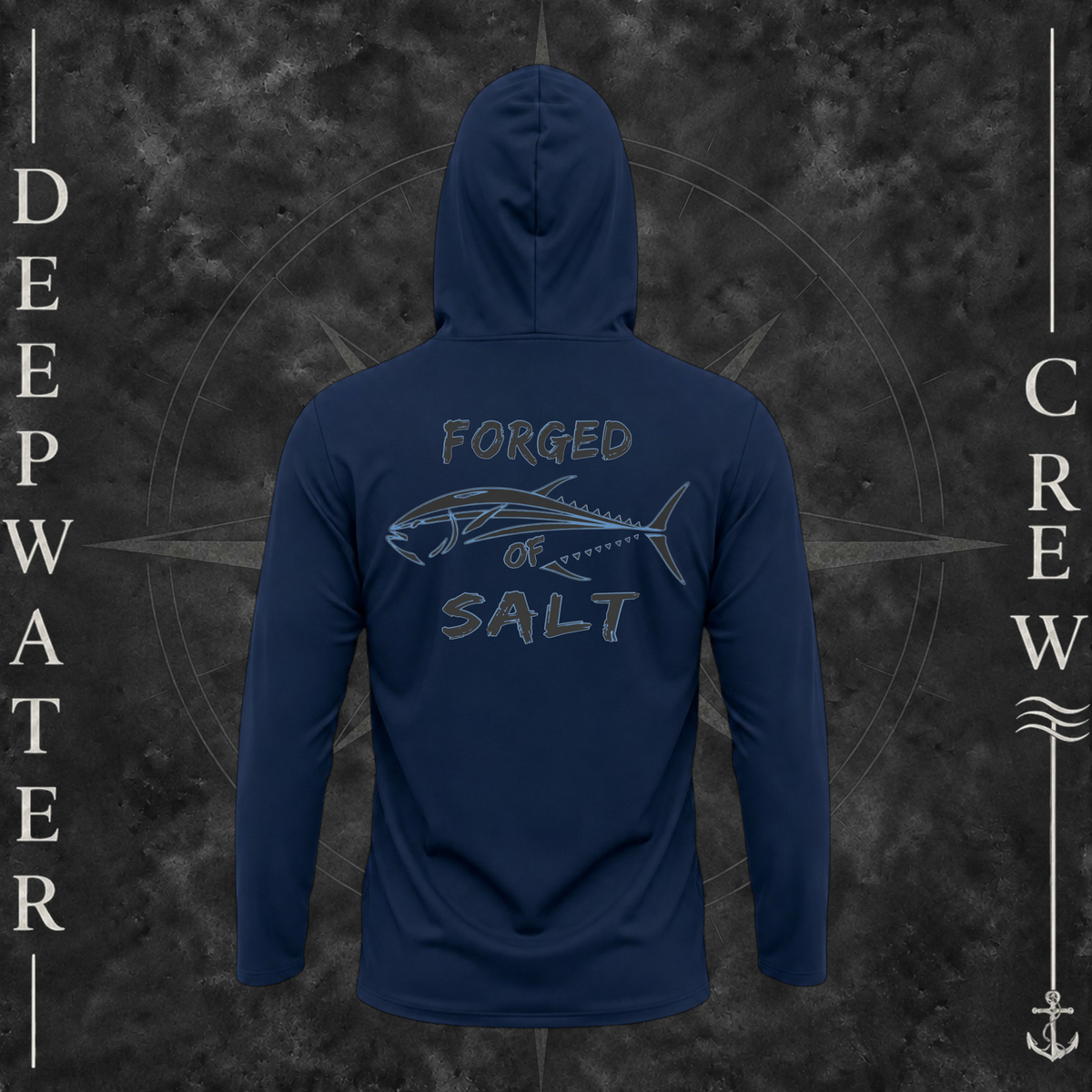 Navy Deepwater Crew Co. Forged of Salt UPF 50+ performance hoodie, back view with stylized tuna graphic, blue accents, and Forged of Salt lettering.