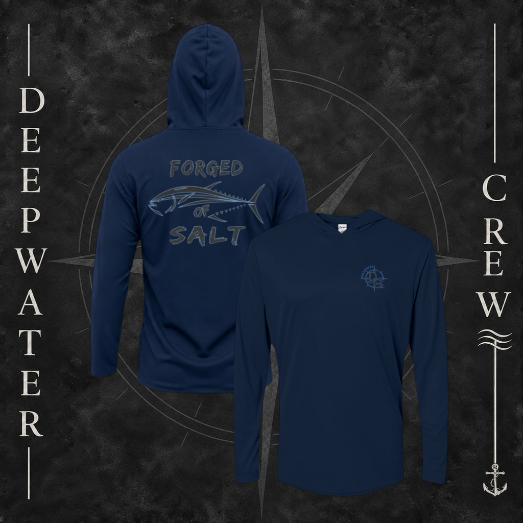 Navy Deepwater Crew Co. Forged of Salt UPF 50+ performance hoodie showing front and back views with DC compass-and-wave chest logo and stylized tuna Forged of Salt back graphic.