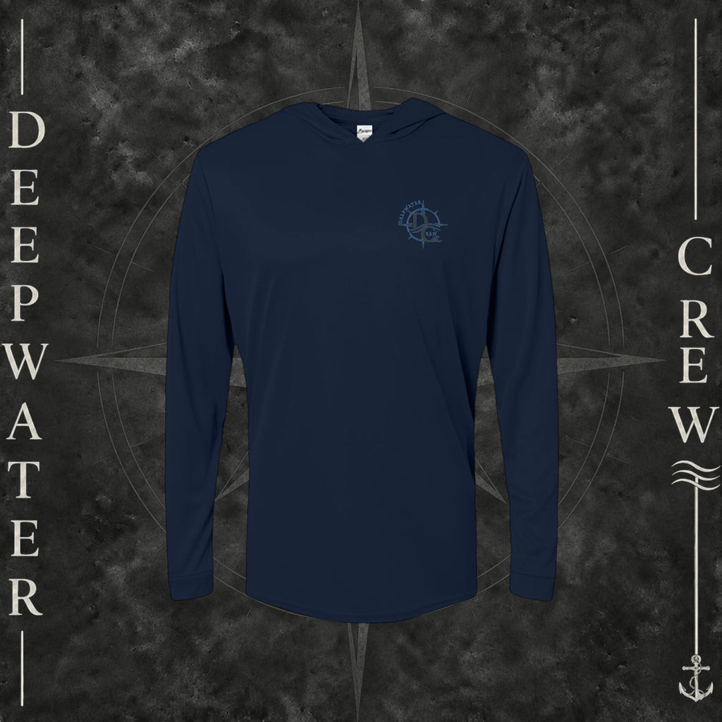 Navy Deepwater Crew Co. Forged of Salt UPF 50+ performance hoodie, front view with small blue-outlined DC compass-and-wave crest logo.