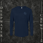 Navy Deepwater Crew Co. Forged of Salt UPF 50+ performance hoodie, front view with small blue-outlined DC compass-and-wave crest logo.