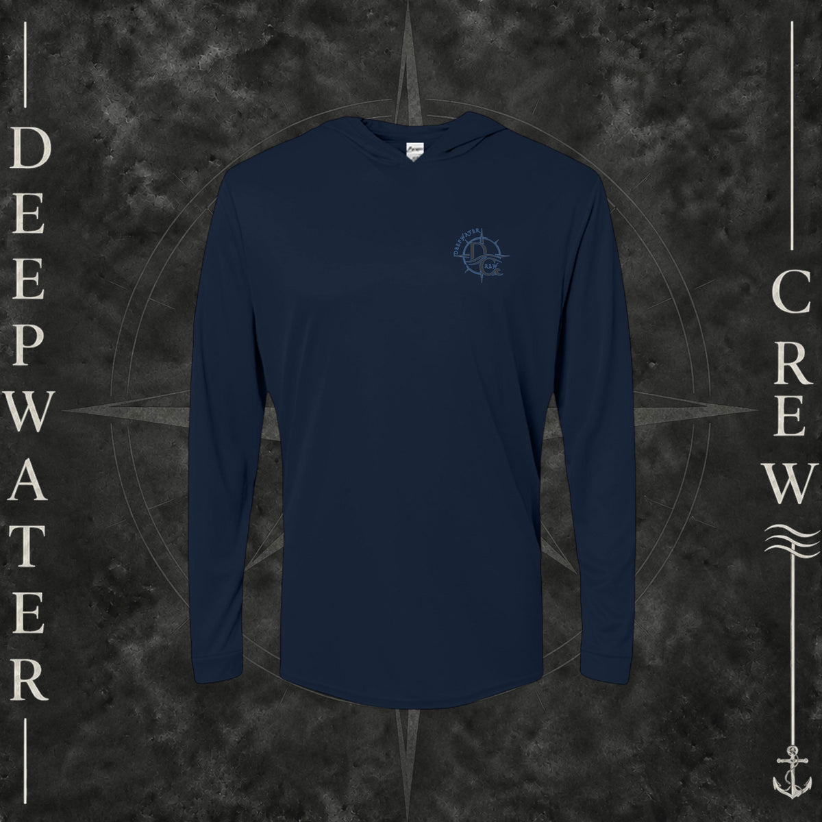 Navy Deepwater Crew Co. Forged of Salt UPF 50+ performance hoodie, front view with small blue-outlined DC compass-and-wave crest logo.