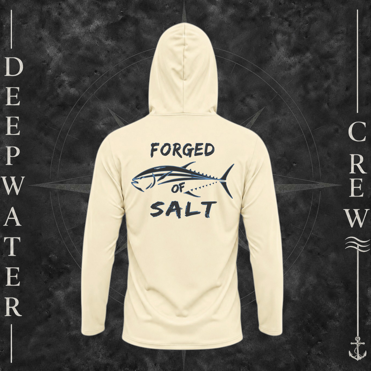 Pale Yellow Deepwater Crew Co. Forged of Salt UPF 50+ performance hoodie, back view with stylized tuna graphic, blue accents, and Forged of Salt lettering.