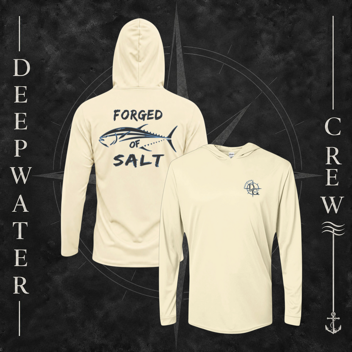 Pale Yellow Deepwater Crew Co. Forged of Salt UPF 50+ performance hoodie showing front and back views with DC compass-and-wave chest logo and stylized tuna Forged of Salt back graphic.