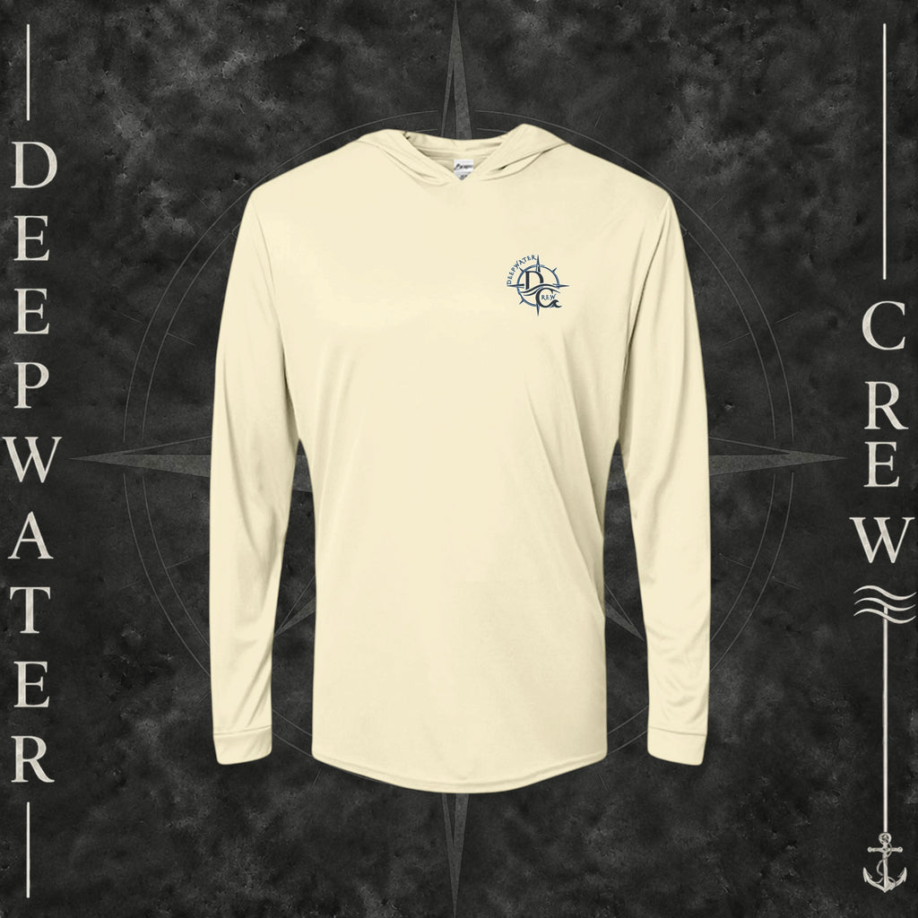 Pale Yellow Deepwater Crew Co. Forged of Salt UPF 50+ performance hoodie, front view with small blue-outlined DC compass-and-wave crest logo.