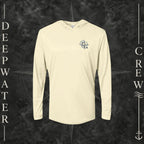 Pale Yellow Deepwater Crew Co. Forged of Salt UPF 50+ performance hoodie, front view with small blue-outlined DC compass-and-wave crest logo.
