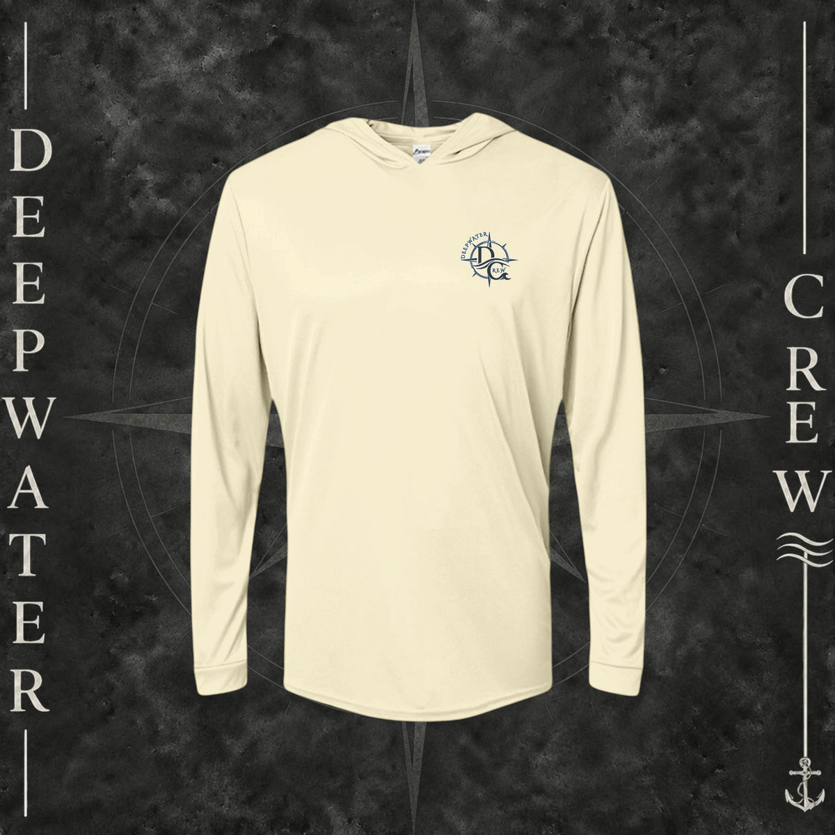 Pale Yellow Deepwater Crew Co. Forged of Salt UPF 50+ performance hoodie, front view with small blue-outlined DC compass-and-wave crest logo.