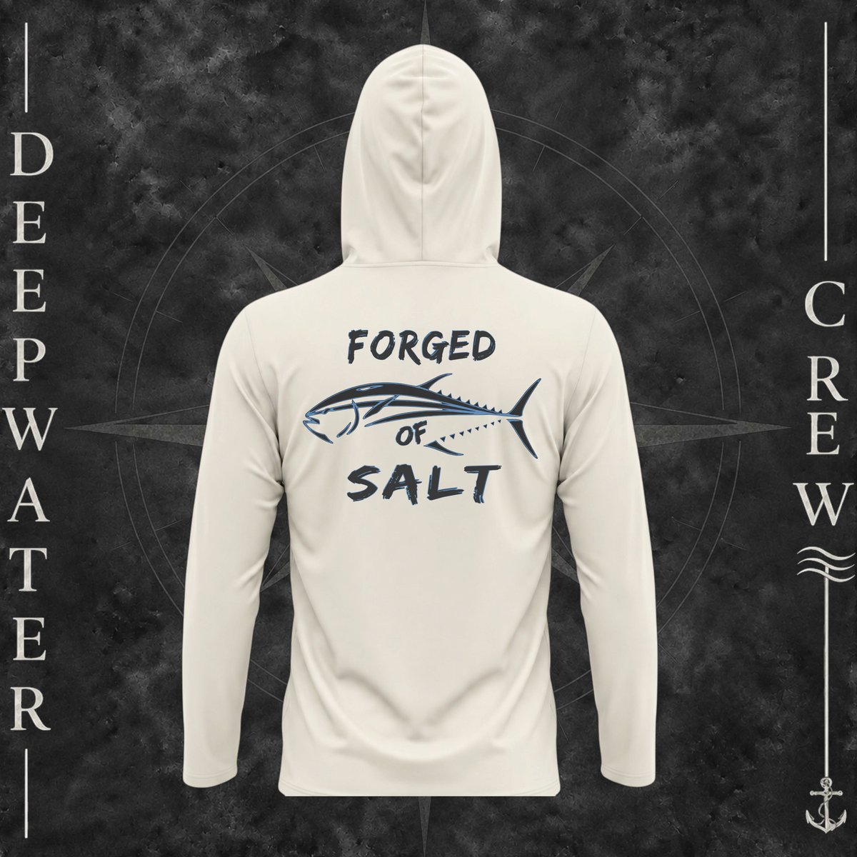 Sand Deepwater Crew Co. Forged of Salt UPF 50+ performance hoodie, back view with stylized tuna graphic, blue accents, and Forged of Salt lettering.
