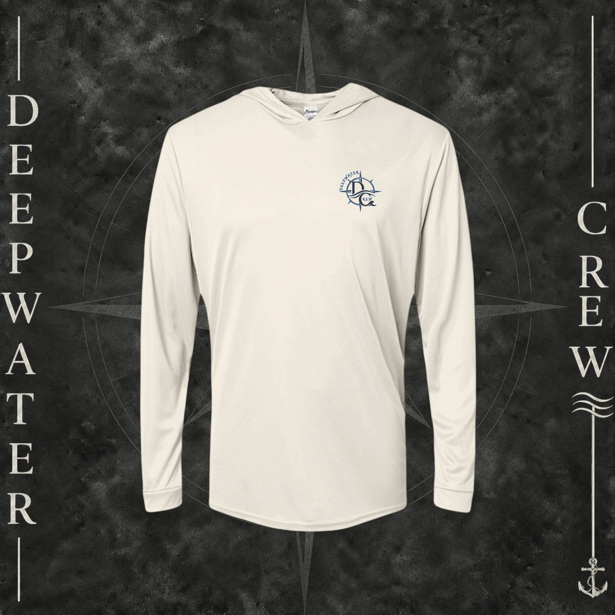 Sand Deepwater Crew Co. Forged of Salt UPF 50+ performance hoodie, front view with small blue-outlined DC compass-and-wave crest logo.