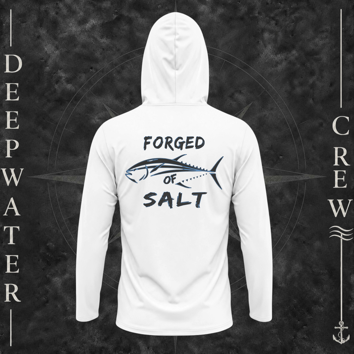 White Deepwater Crew Co. Forged of Salt UPF 50+ performance hoodie, back view with stylized tuna graphic, blue accents, and Forged of Salt lettering.