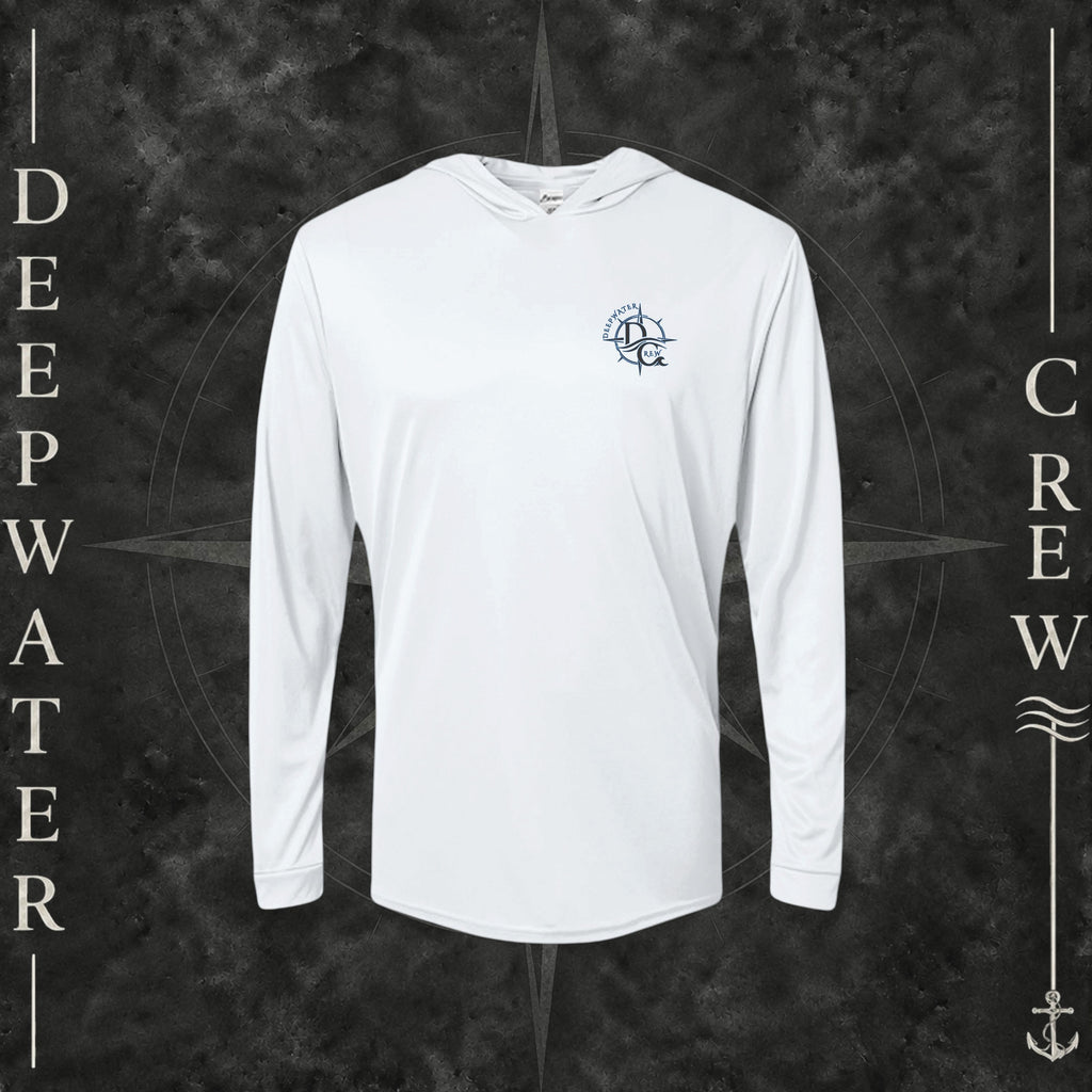 White Deepwater Crew Co. Forged of Salt UPF 50+ performance hoodie, front view with small blue-outlined DC compass-and-wave crest logo.