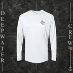 White Deepwater Crew Co. Forged of Salt UPF 50+ performance hoodie, front view with small blue-outlined DC compass-and-wave crest logo.