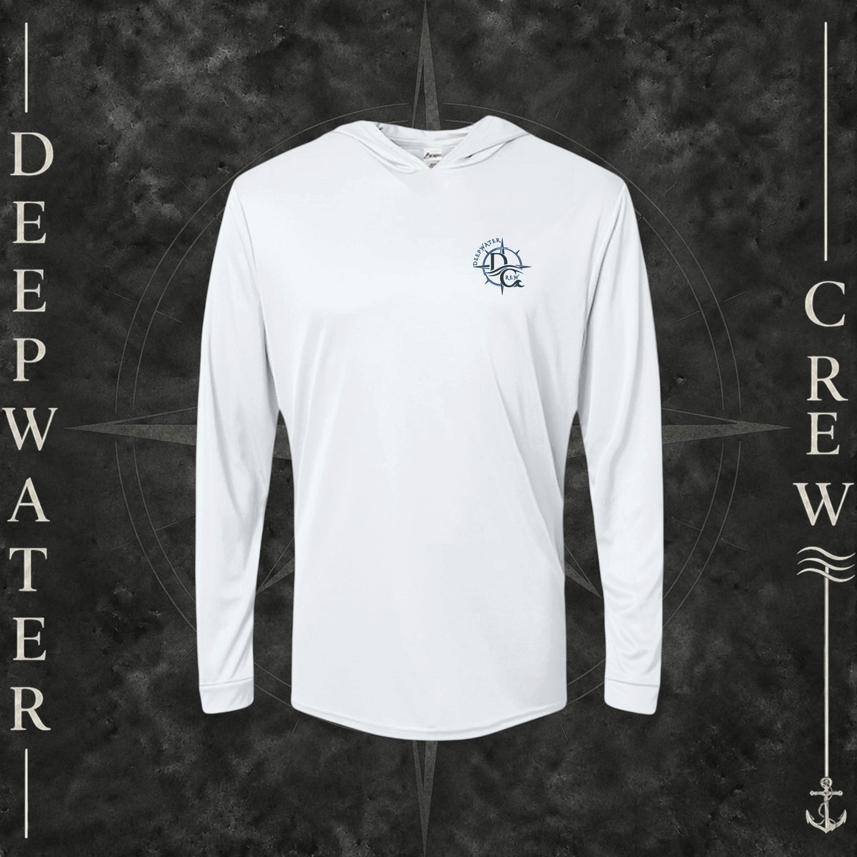 White Deepwater Crew Co. Forged of Salt UPF 50+ performance hoodie, front view with small blue-outlined DC compass-and-wave crest logo.