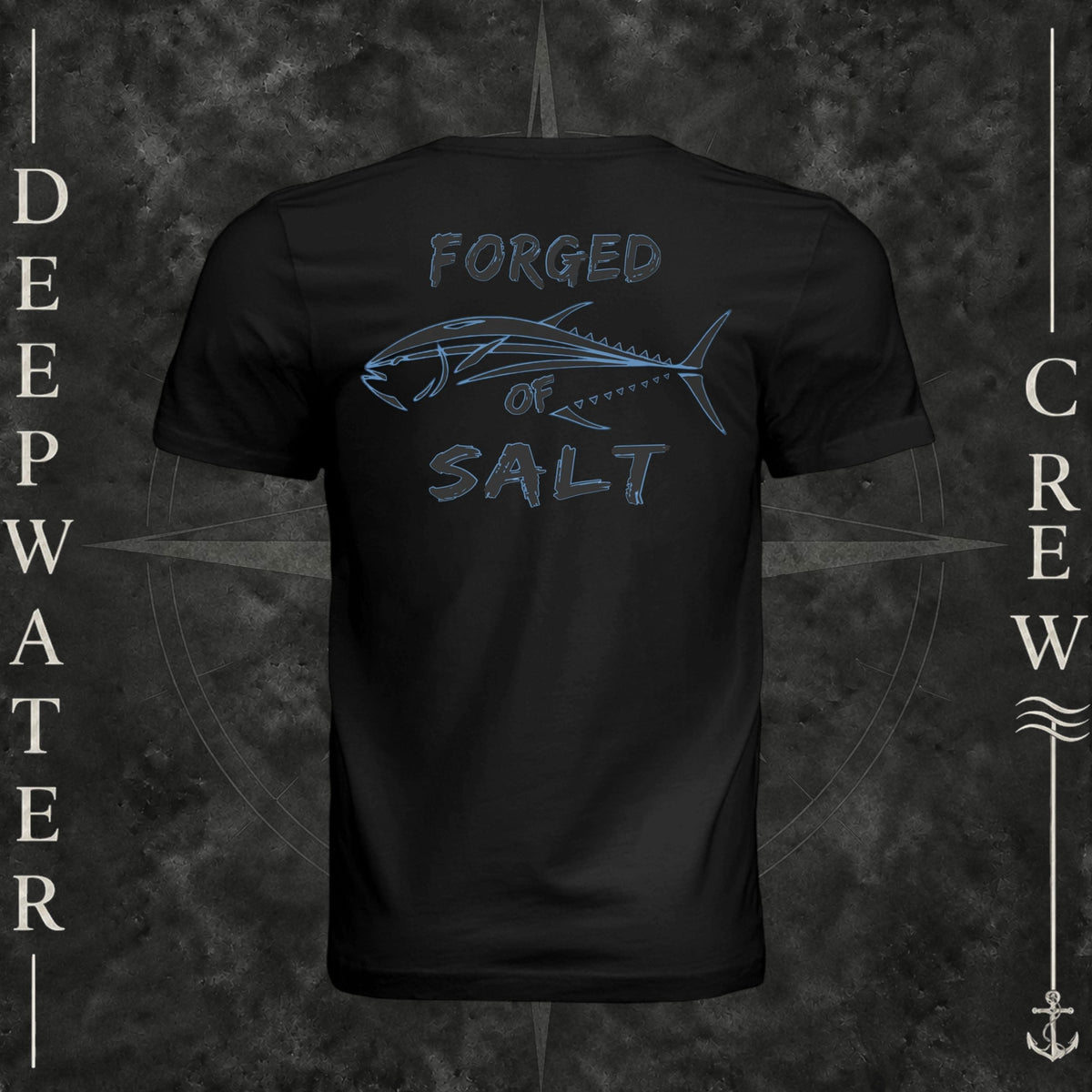 Vintage Black Deepwater Crew Co. Forged of Salt crewneck T-shirt, back view with stylized tuna graphic, blue accents, and “Forged of Salt” lettering.