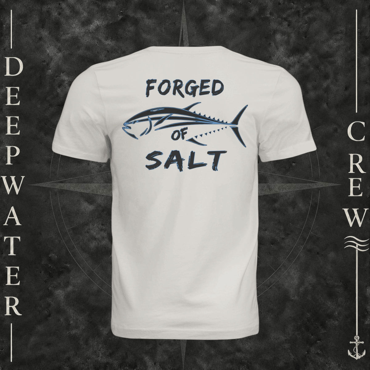 Vintage White Deepwater Crew Co. Forged of Salt crewneck T-shirt, back view with stylized tuna graphic, blue accents, and “Forged of Salt” lettering.