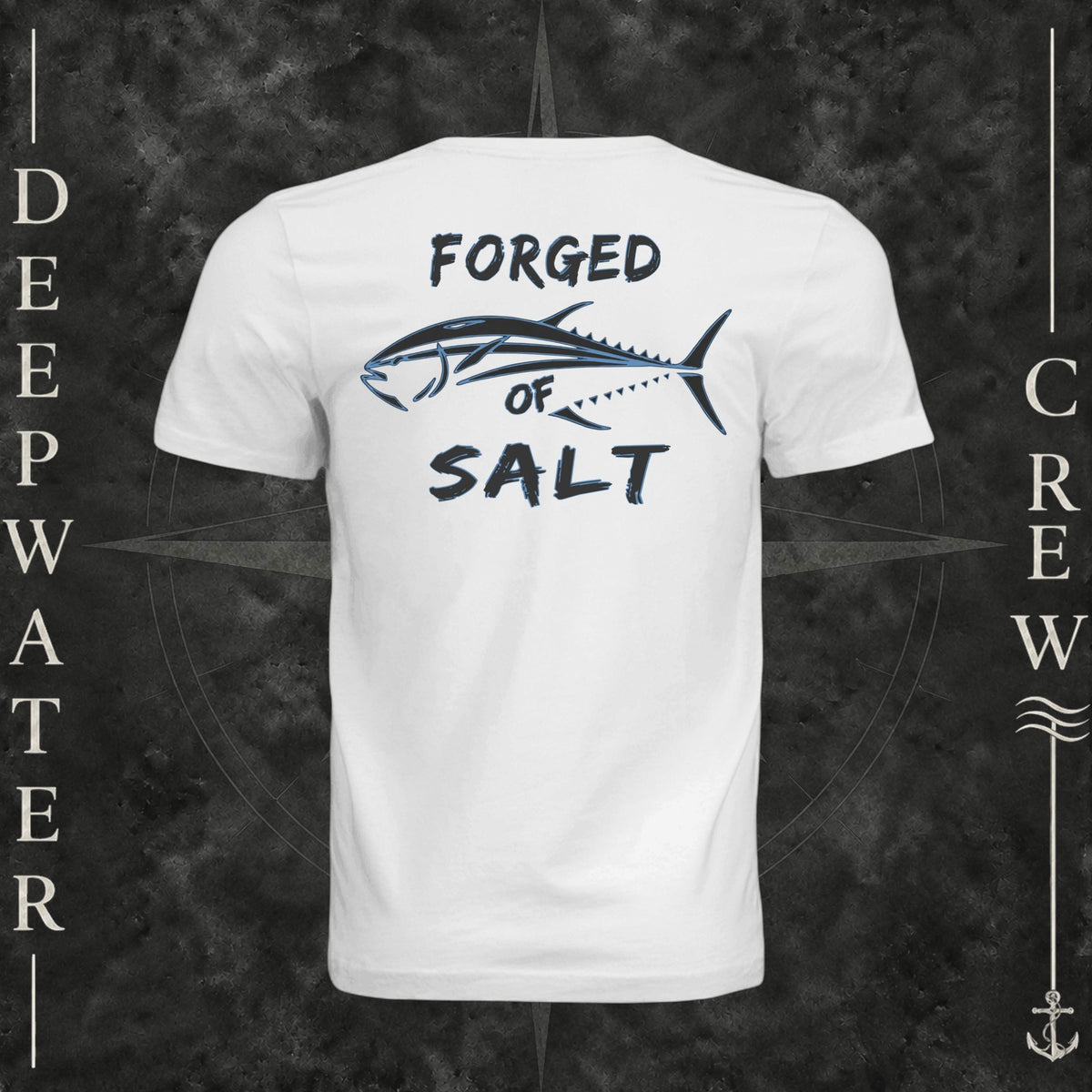 White Deepwater Crew Co. Forged of Salt crewneck T-shirt, back view with stylized tuna graphic, blue accents, and “Forged of Salt” lettering.