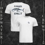 White Deepwater Crew Co. Forged of Salt crewneck T-shirt showing front and back views with DC compass-and-wave chest logo and stylized tuna Forged of Salt back graphic.