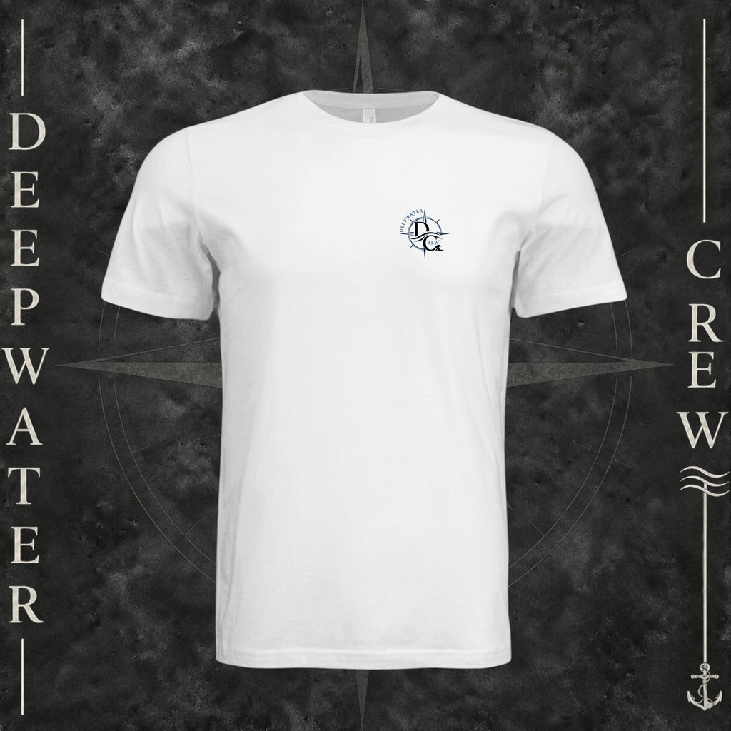 White Deepwater Crew Co. Forged of Salt crewneck T-shirt, front view with small blue-outlined DC compass-and-wave crest logo.