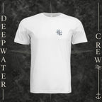 White Deepwater Crew Co. Forged of Salt crewneck T-shirt, front view with small blue-outlined DC compass-and-wave crest logo.