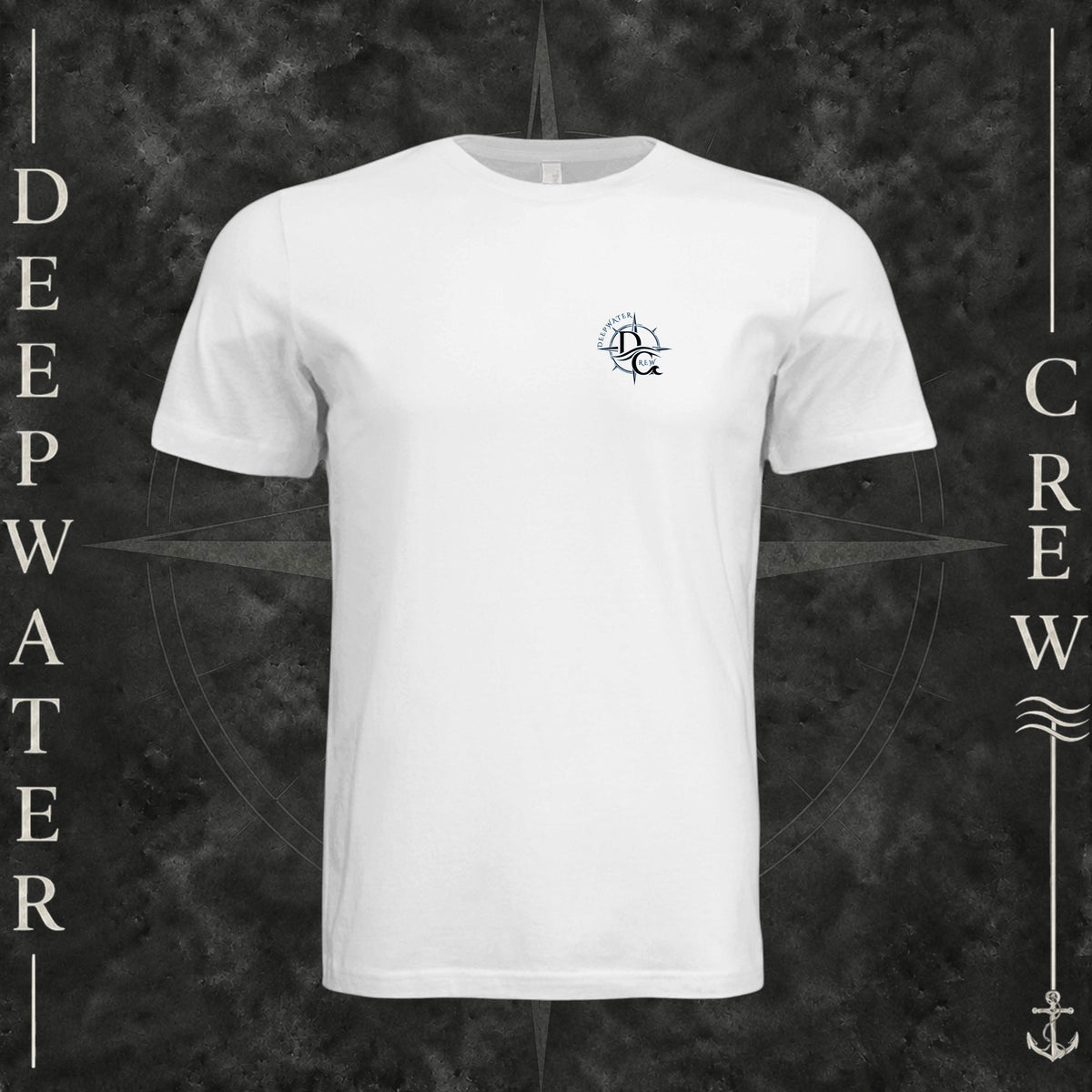 White Deepwater Crew Co. Forged of Salt crewneck T-shirt, front view with small blue-outlined DC compass-and-wave crest logo.