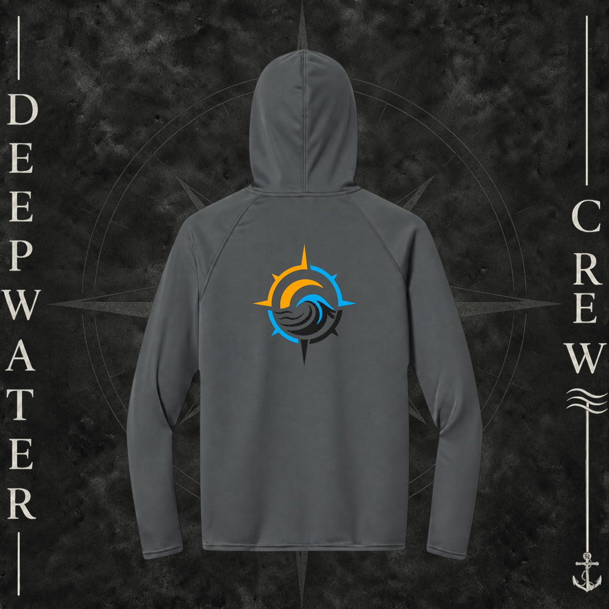 Deepwater Crew Co. Graphite Horizon UPF 44+ performance hoodie. Back view of hoodie with a  nautical wave, sun, compass graphic.
