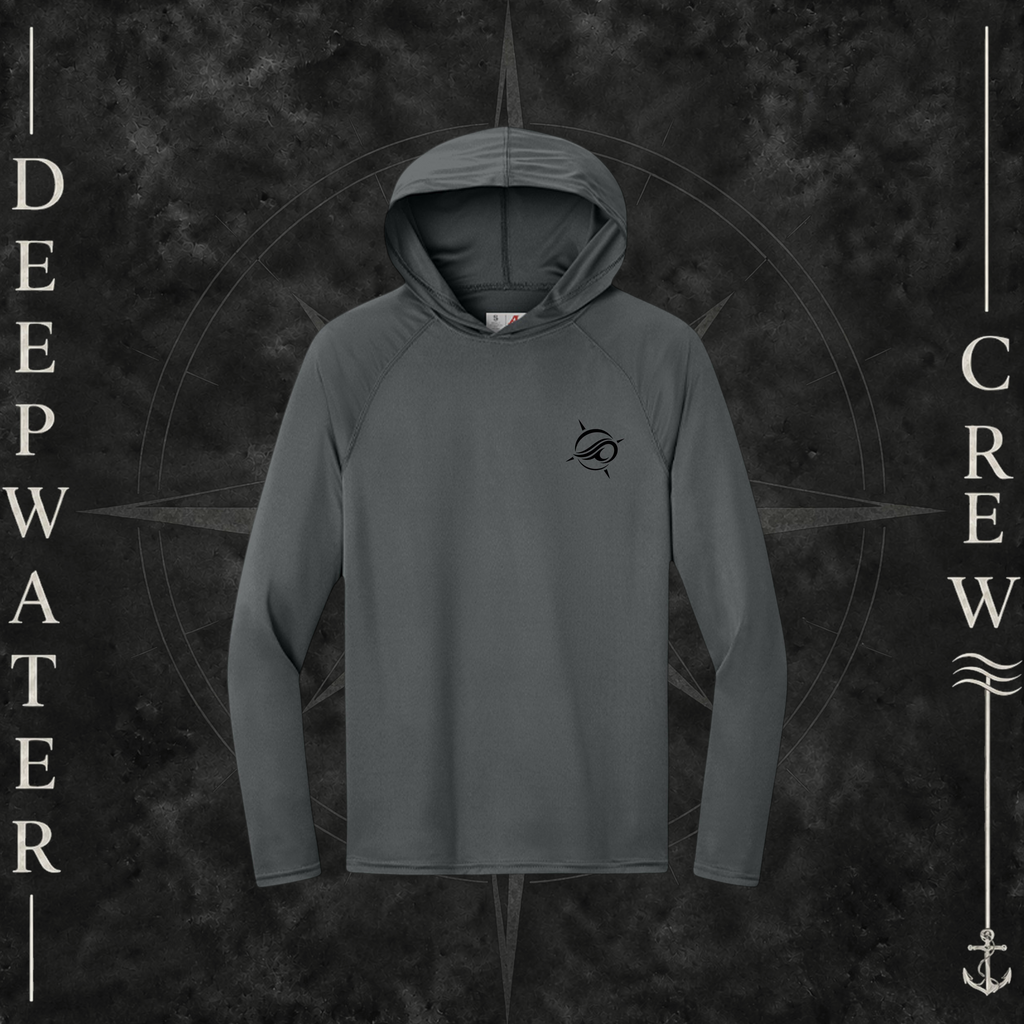 Deepwater Crew Co. Graphite Horizon UPF 44+ performance hoodie. Front view of hoodie with a  deepwater crew logo graphic on the left chest.