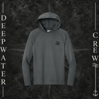 Deepwater Crew Co. Graphite Horizon UPF 44+ performance hoodie. Front view of hoodie with a  deepwater crew logo graphic on the left chest.