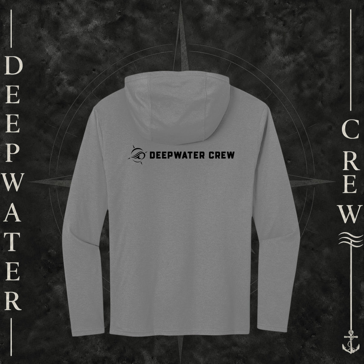 Deepwater Crew Co. Gray DC  Tri-blend long sleeve hoodie. Back view of hoodie with a nautical compass logo graphic and Deepwater Crew lettering beside it.