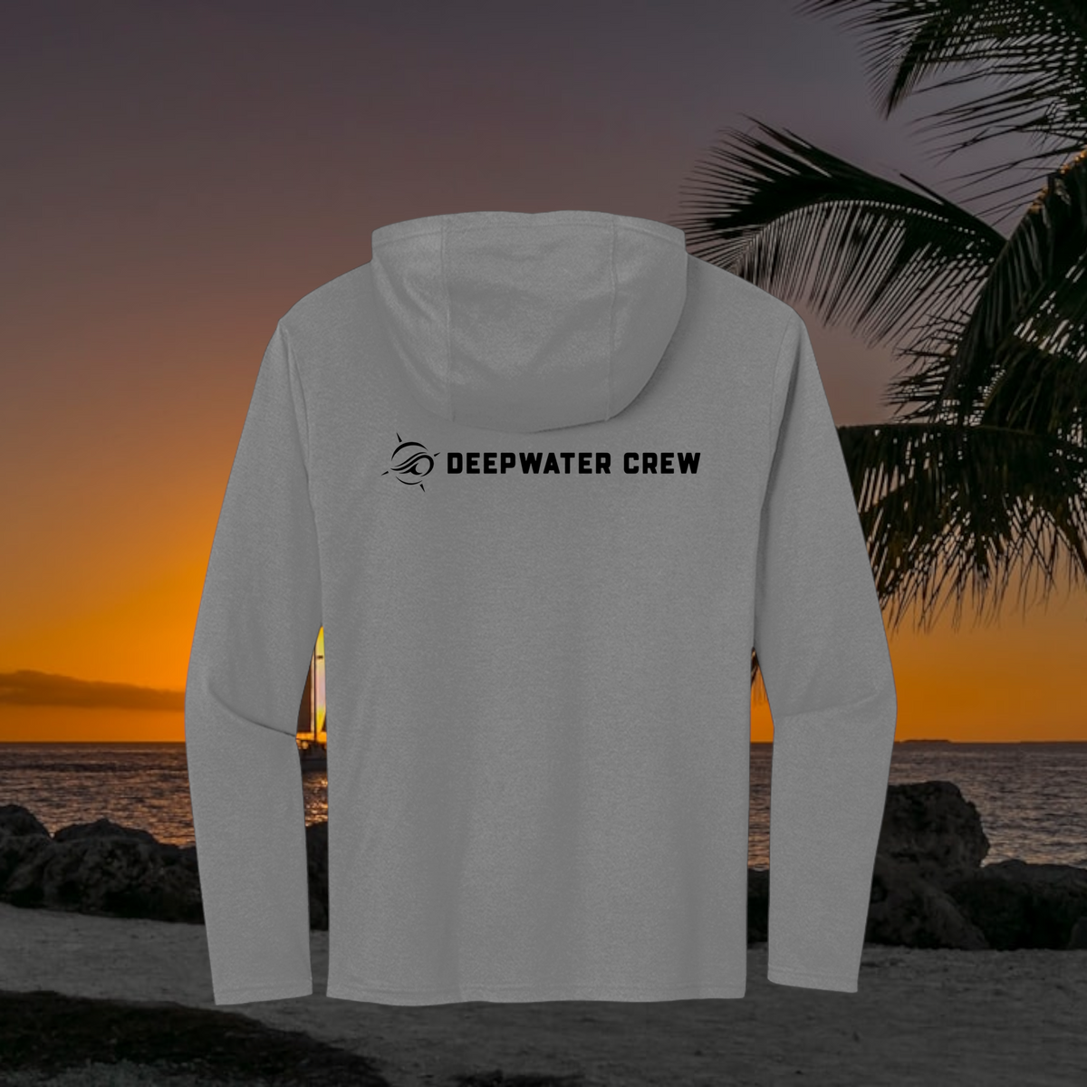 Deepwater Crew Co. Gray DC  Tri-blend long sleeve hoodie. Back view of hoodie with a nautical compass logo graphic and Deepwater Crew lettering beside it.