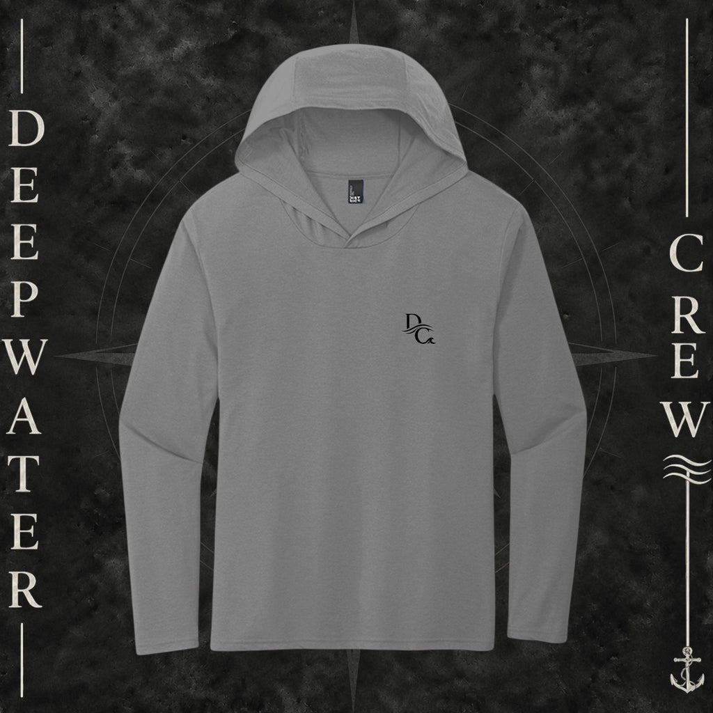 Deepwater Crew Co. Gray DC tri-blend long sleeve hoodie. Front view with a small black DC logo on the left chest.