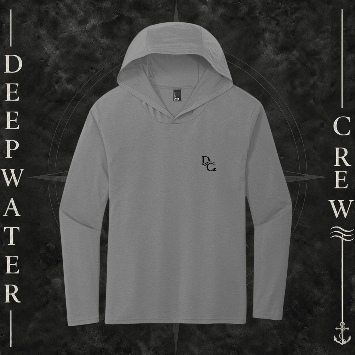 Deepwater Crew Co. Gray DC tri-blend long sleeve hoodie. Front view with a small black DC logo on the left chest.