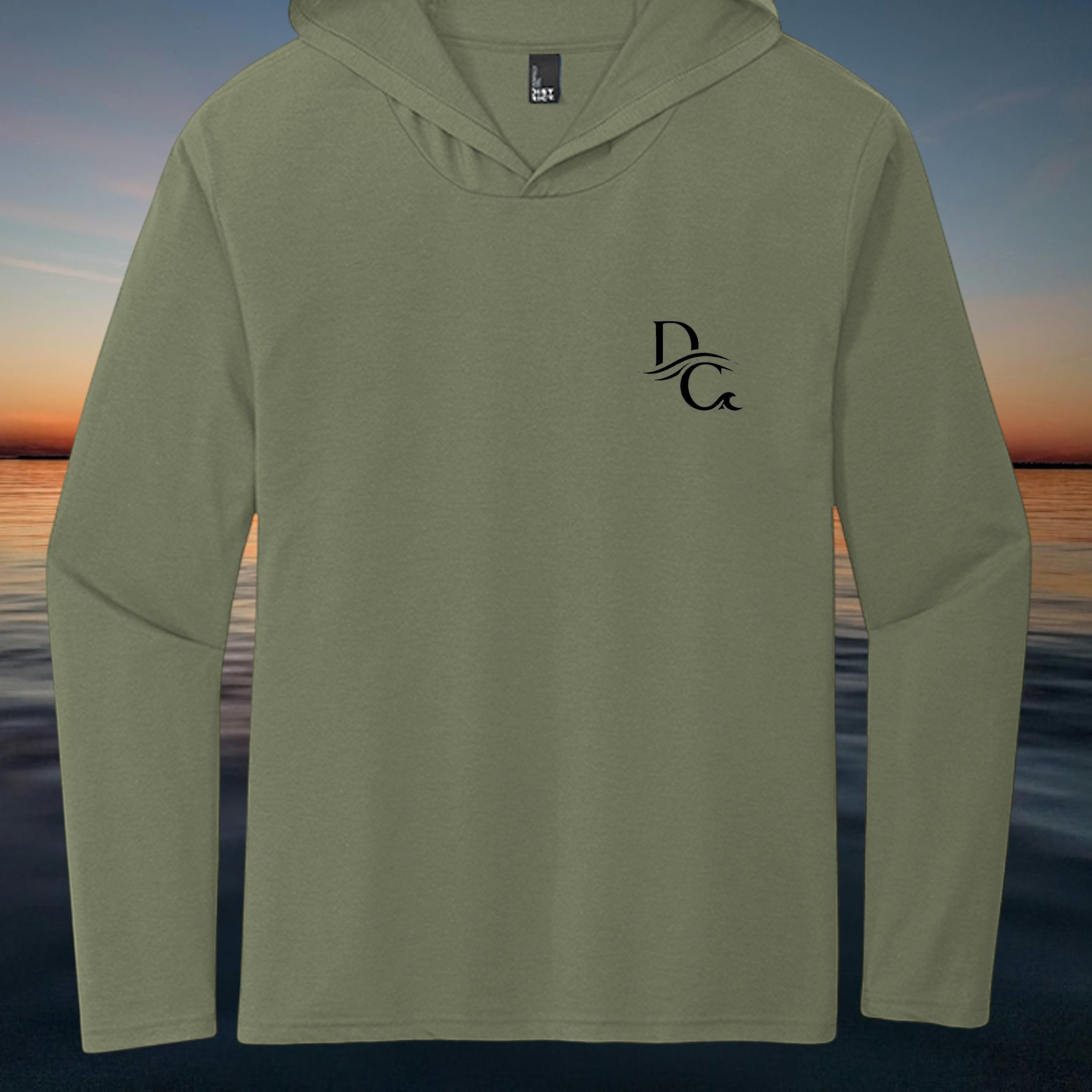 Deepwater Crew Co. olive green tri-blend long-sleeve hooded tee with black chest logo. Lightweight and breathable.