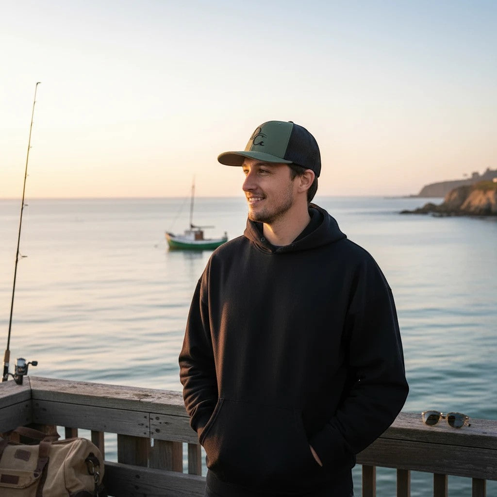 Deepwater Crew Co. green trucker hat with embroidered logo, worn by a man on a pier at sunset.