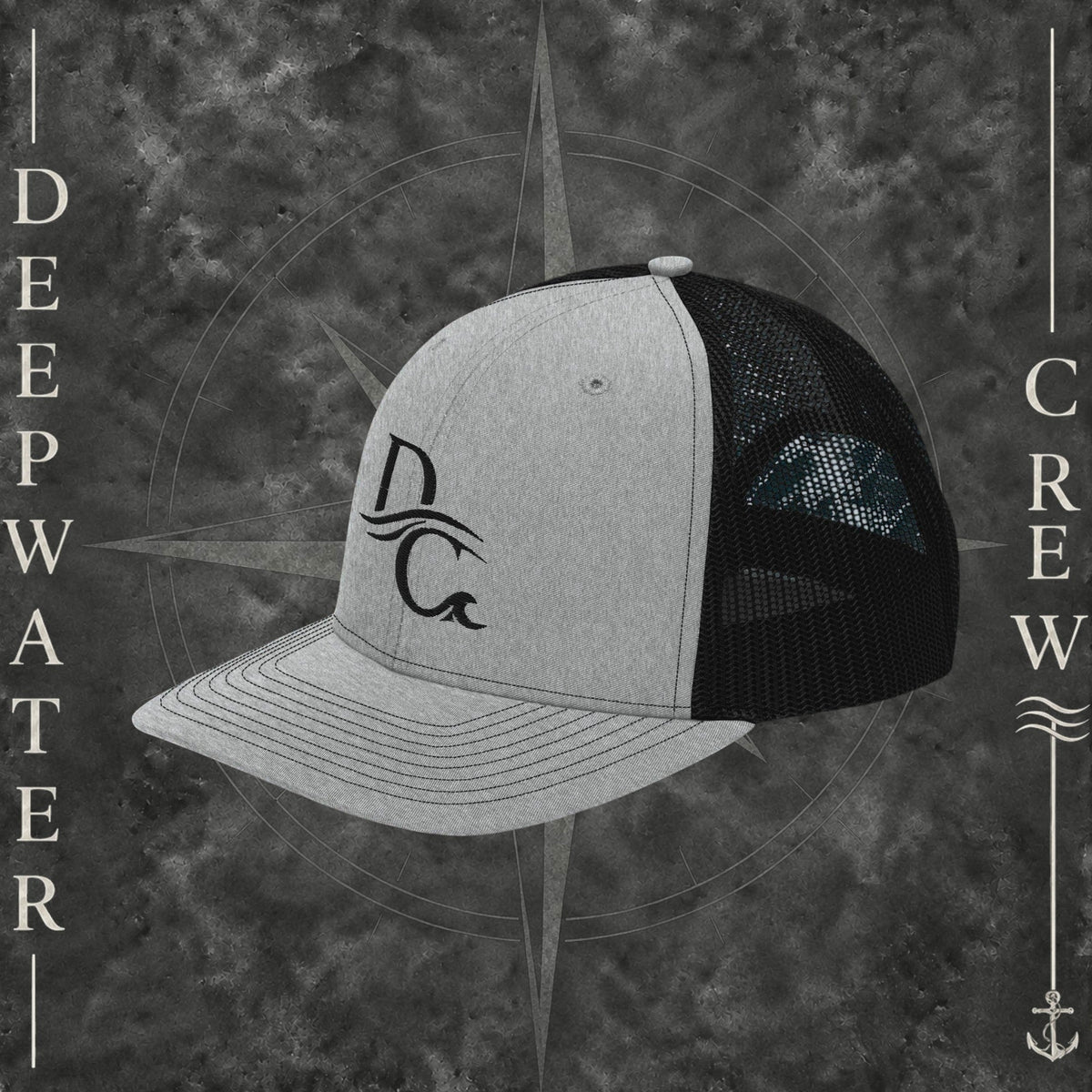 Deepwater Crew Co. grey and black snapback trucker cap with embroidered wave logo and breathable mesh back
