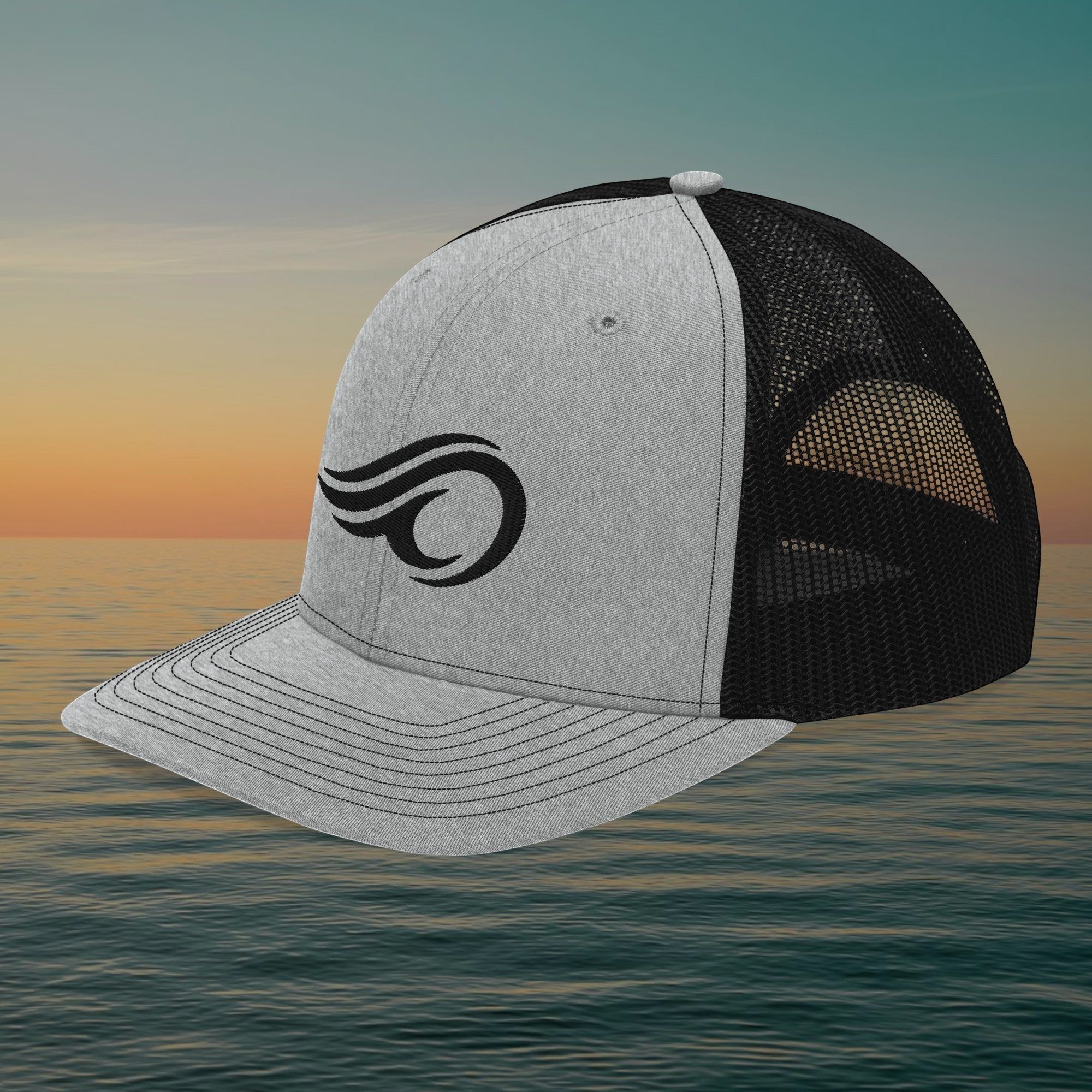 Deepwater Crew Co. grey and black trucker cap with an embroidered wave logo on the front panel and mesh back