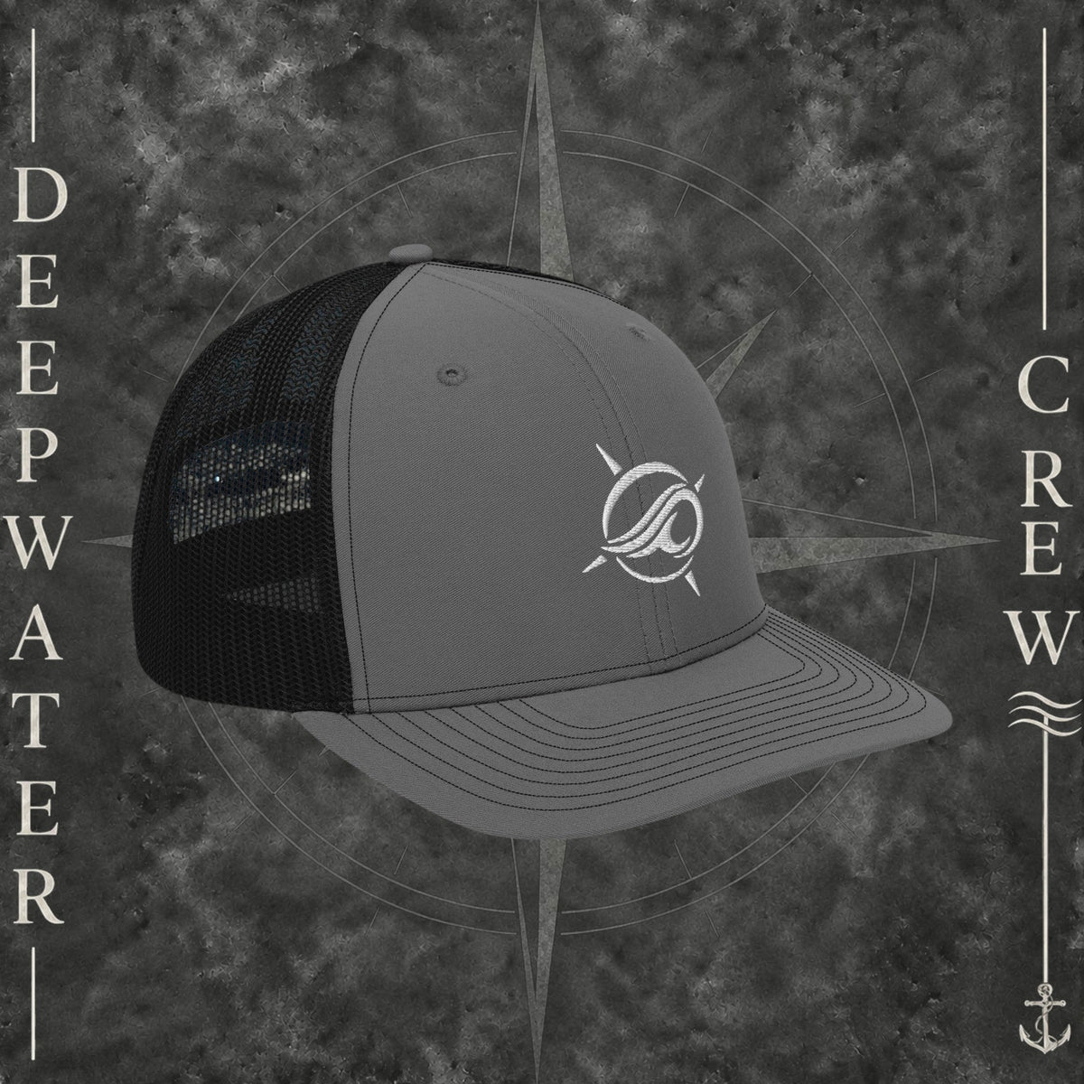 Deepwater Crew Co. grey and black trucker cap with embroidered wave logo, structured 6-panel design and mesh back.