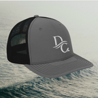 Deepwater Crew Co. grey and black snapback trucker cap with embroidered white logo on the front structured panel