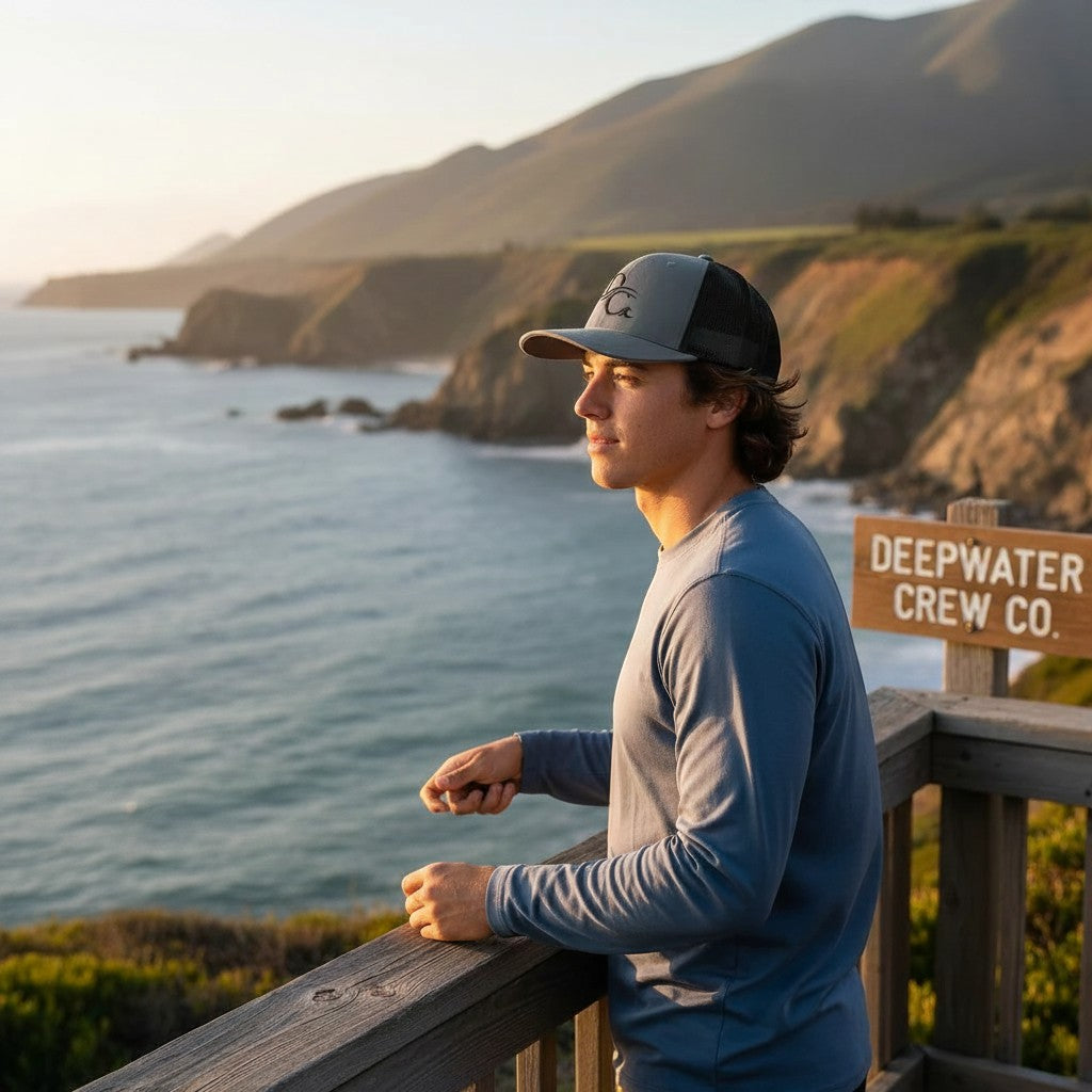 Deepwater Crew Co. grey and black trucker hat with embroidered logo, worn by a man fishing by the ocean.
