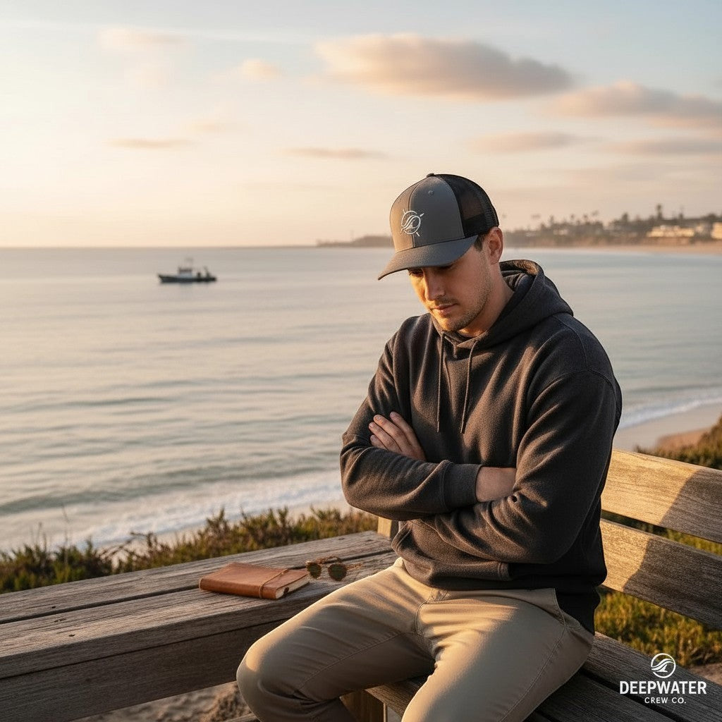 Deepwater Crew Co. grey and black trucker hat with embroidered wave logo, worn by a man sitting on a bench by the ocean.