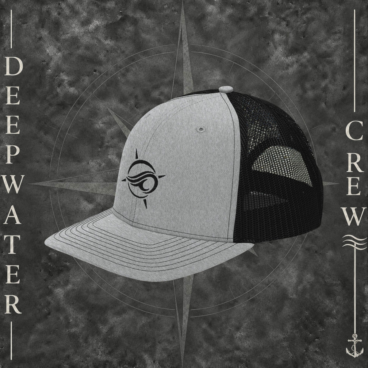 Deepwater Crew Co. grey and black trucker hat with a wave logo embroidery, featuring a mesh back and snapback closure.
