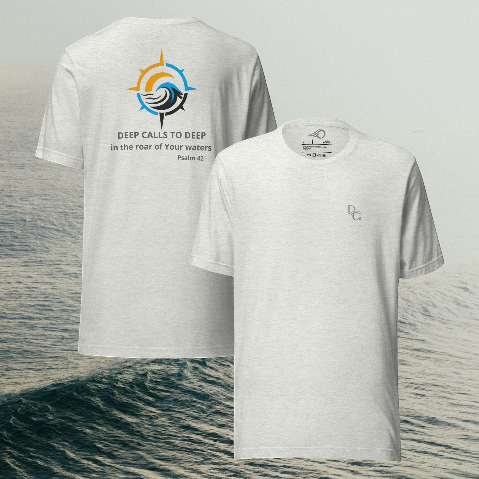 Deepwater Crew Co. light grey cotton crew neck t-shirt featuring a small front logo and a large back graphic print.