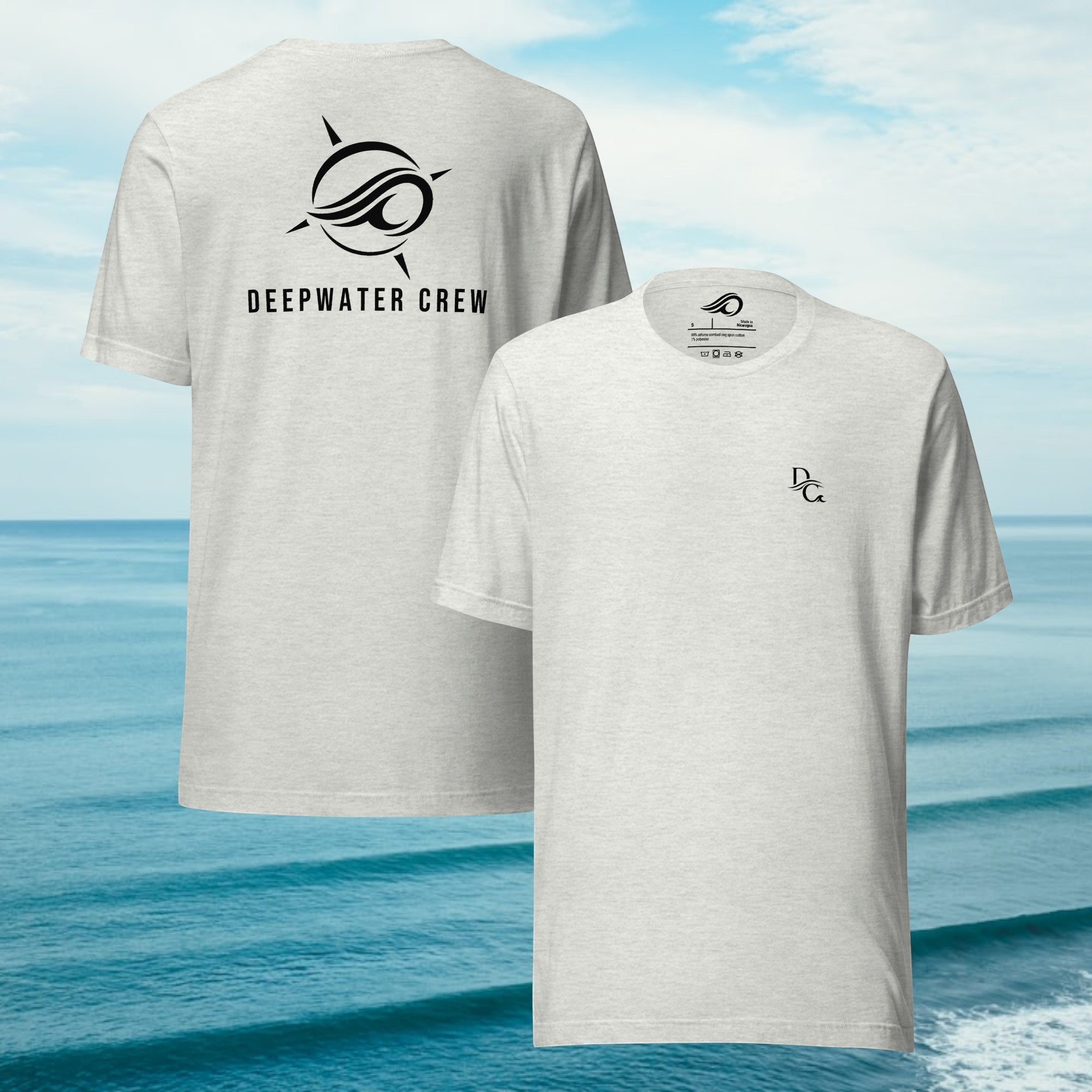 Deepwater Crew Co. light grey heather cotton crew neck t-shirt with small front logo and large back compass graphic.