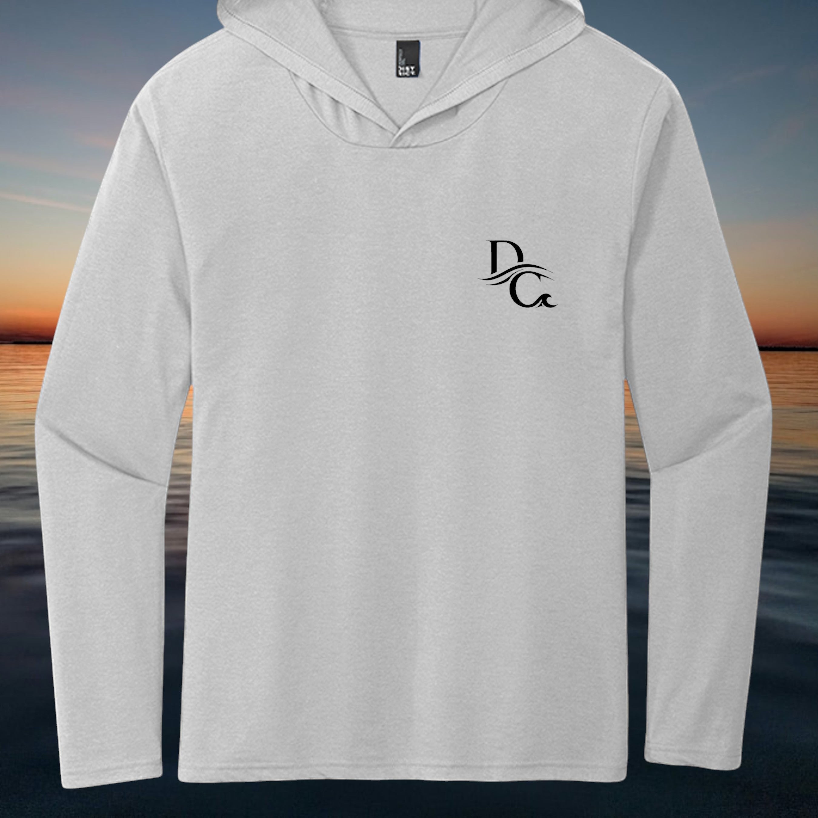 Deepwater Crew Co. light grey tri-blend long-sleeve hooded tee with black logo on chest. Lightweight and breathable.