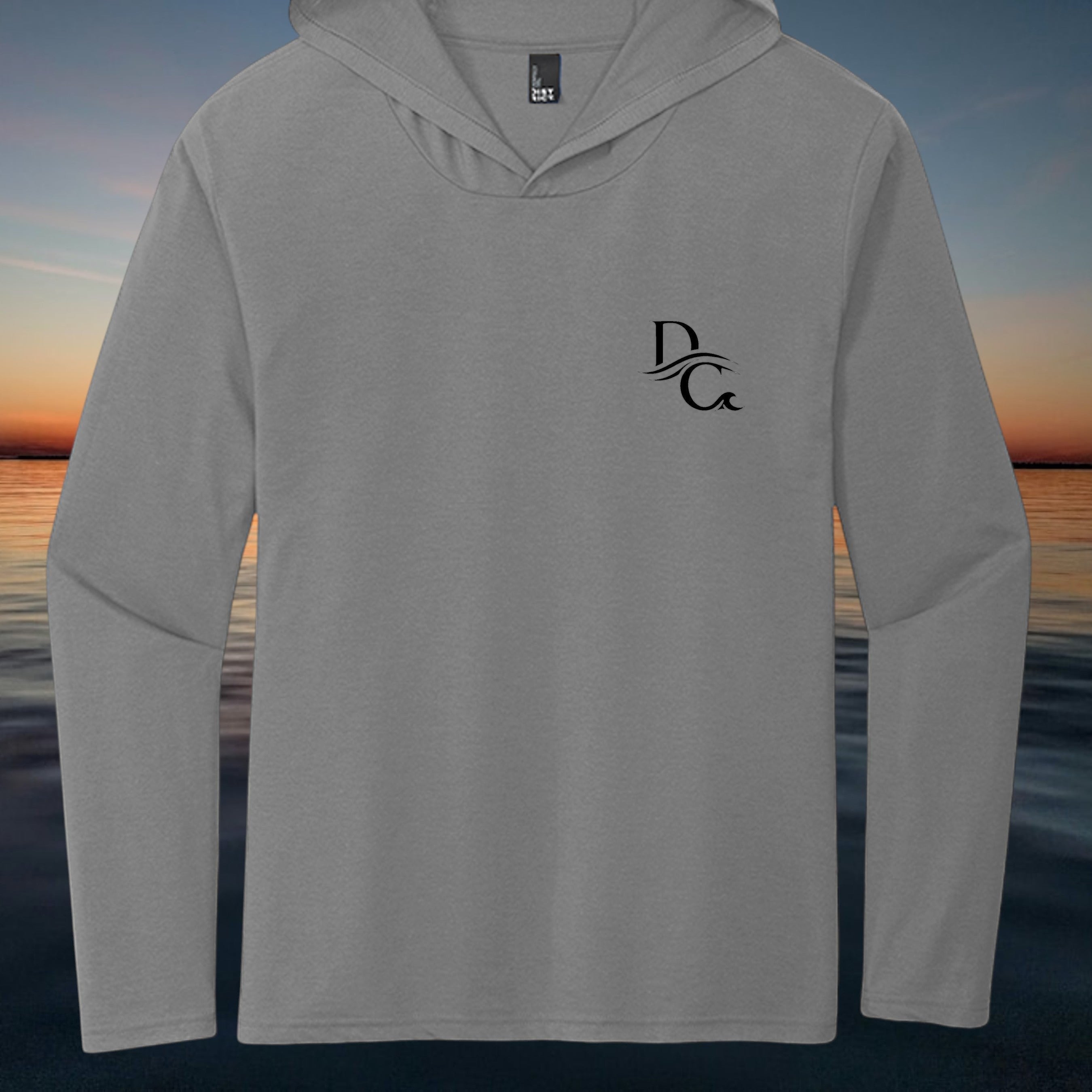 Deepwater Crew Co. grey tri-blend long-sleeve hooded tee with black logo on chest. Lightweight and breathable.