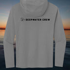 Deepwater Crew Co. grey tri-blend long-sleeve hooded tee with DEEPWATER CREW logo on back.