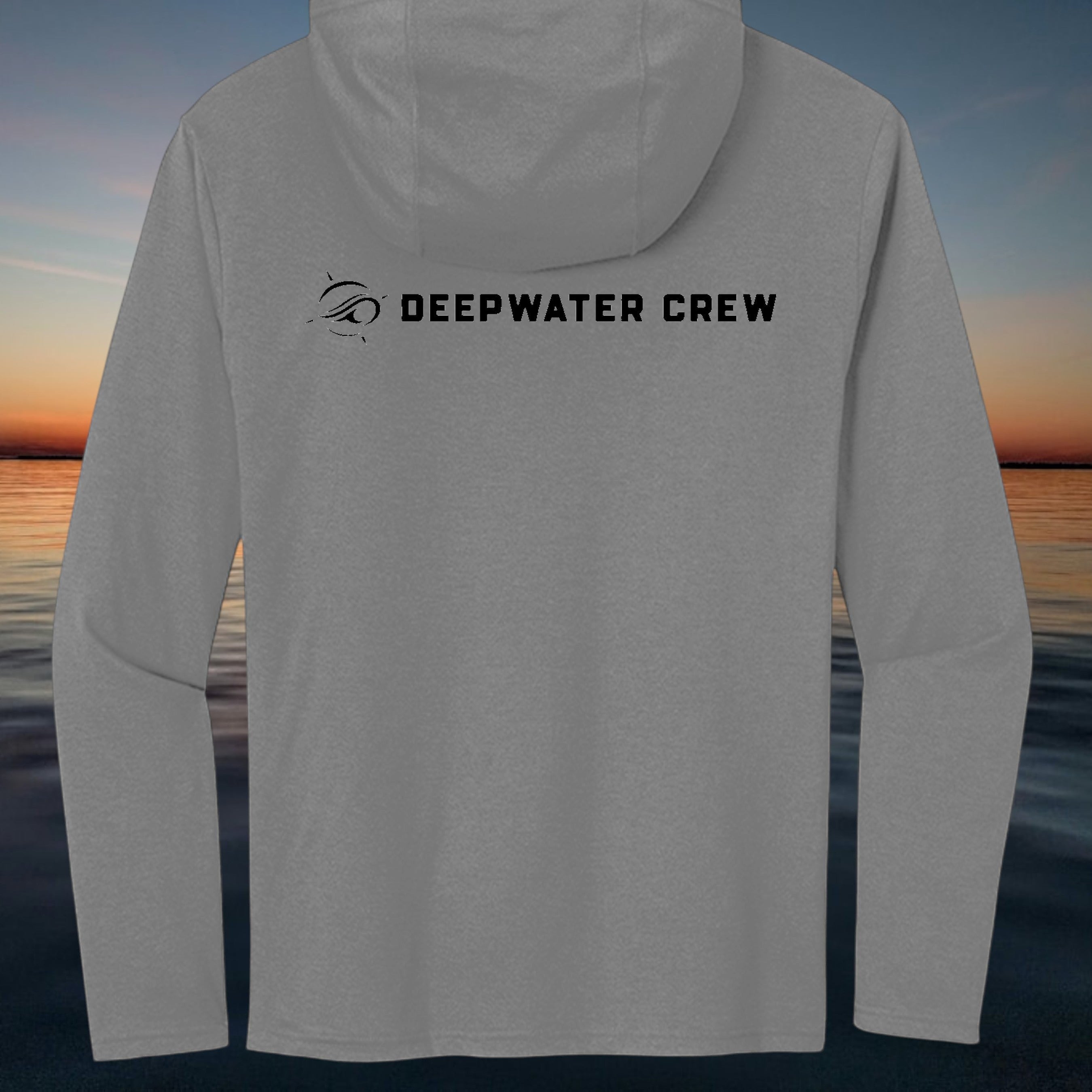 Deepwater Crew Co. grey tri-blend long-sleeve hooded tee with DEEPWATER CREW logo on back.