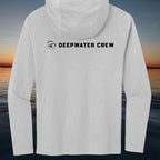 Deepwater Crew Co. light grey hooded long-sleeve tee with DEEPWATER CREW logo on back. Tri-blend fabric.