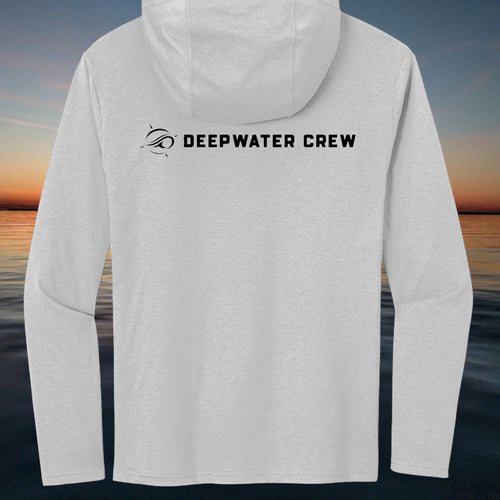 Deepwater Crew Co. light grey hooded long-sleeve tee with DEEPWATER CREW logo on back. Tri-blend fabric.