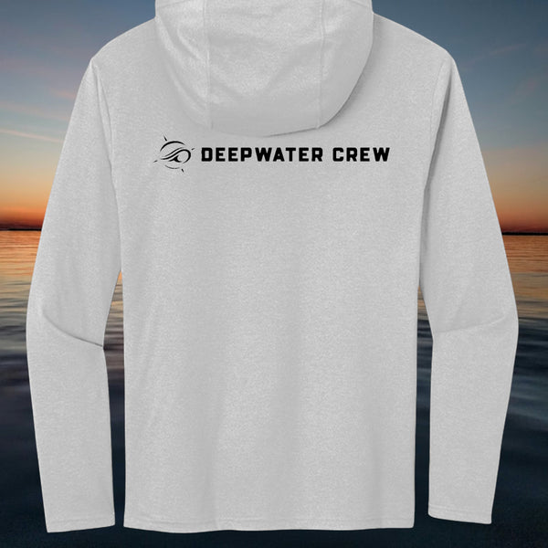 Deepwater Crew Co. light grey hooded long-sleeve tee with DEEPWATER CREW logo on back. Tri-blend fabric.